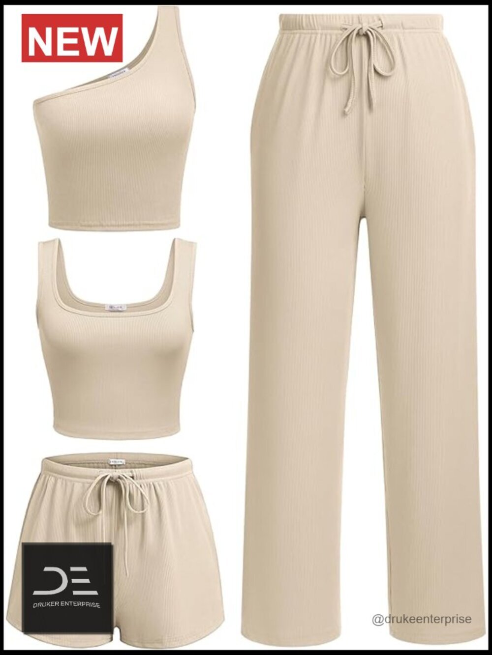 Ribbed Knit Lounge Set - Crop Tank Top, Shorts & Pants